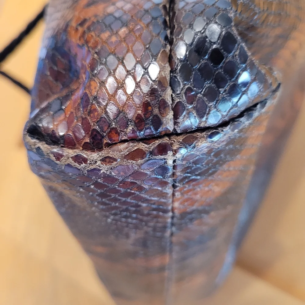 Falor Italian Leather Snakeskin Embossed Shoulder Bag Brown Black - Picture 11 of 14